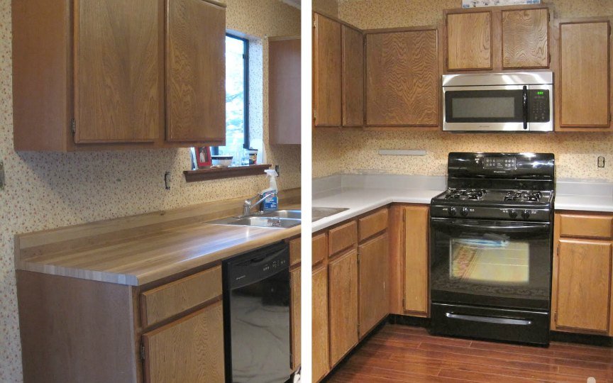 before and after - painted kitchen countertops