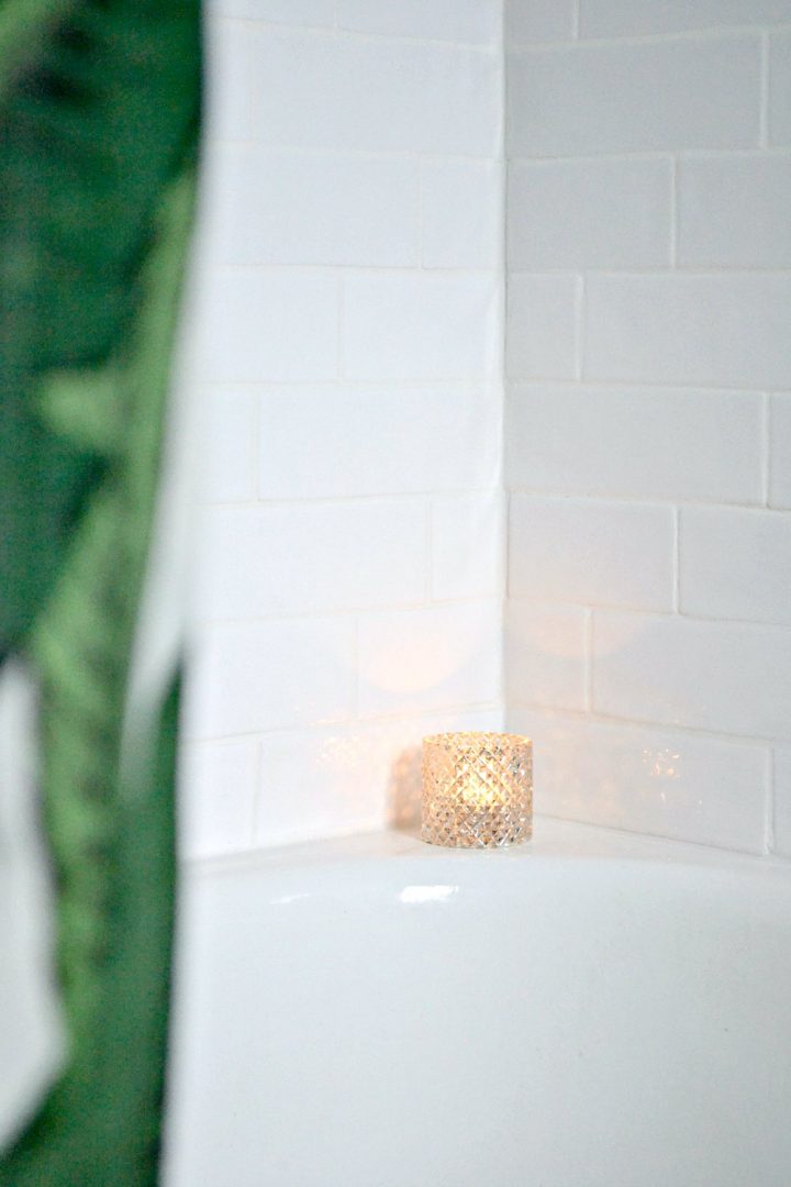 closeups white shower makeover in master bathroom