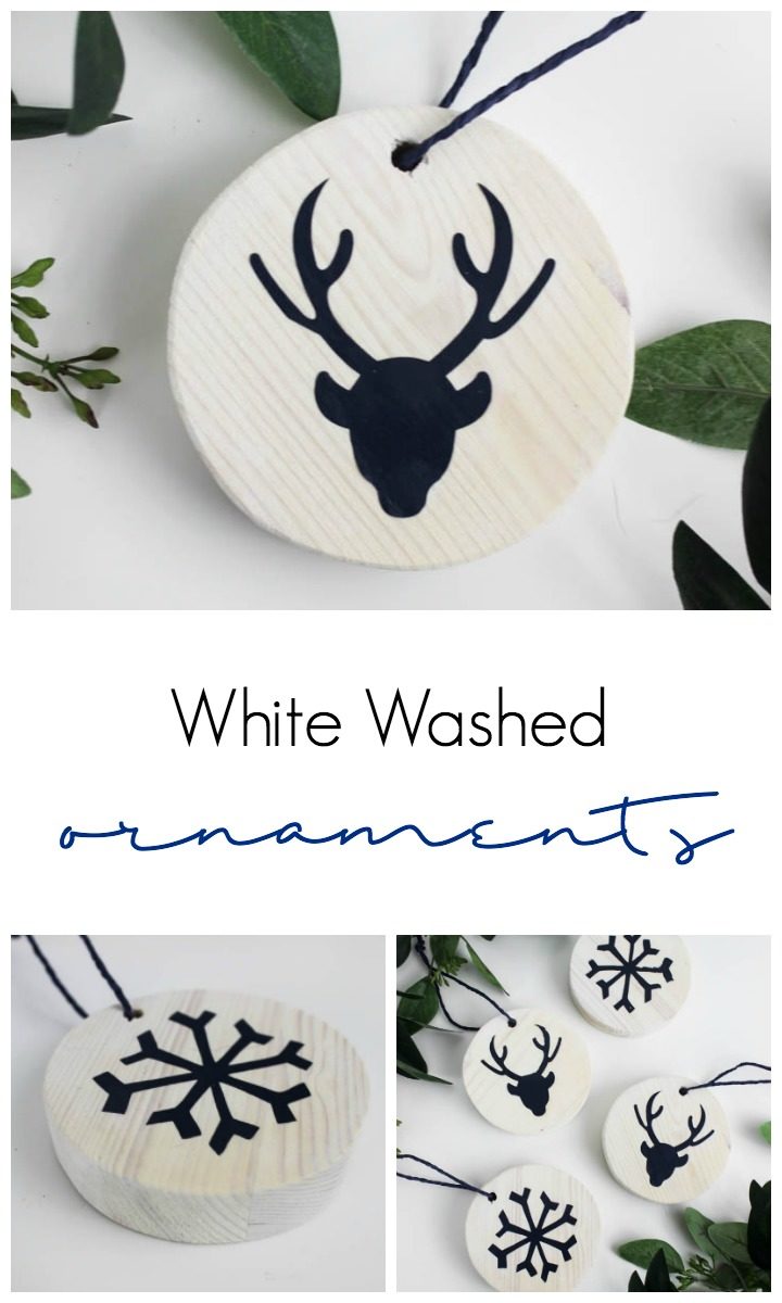 Love these easy white washed ornaments for the holiday season! Making a DIY ornament has never been easier and the white wood stain is perfect for the Christmas tree! 