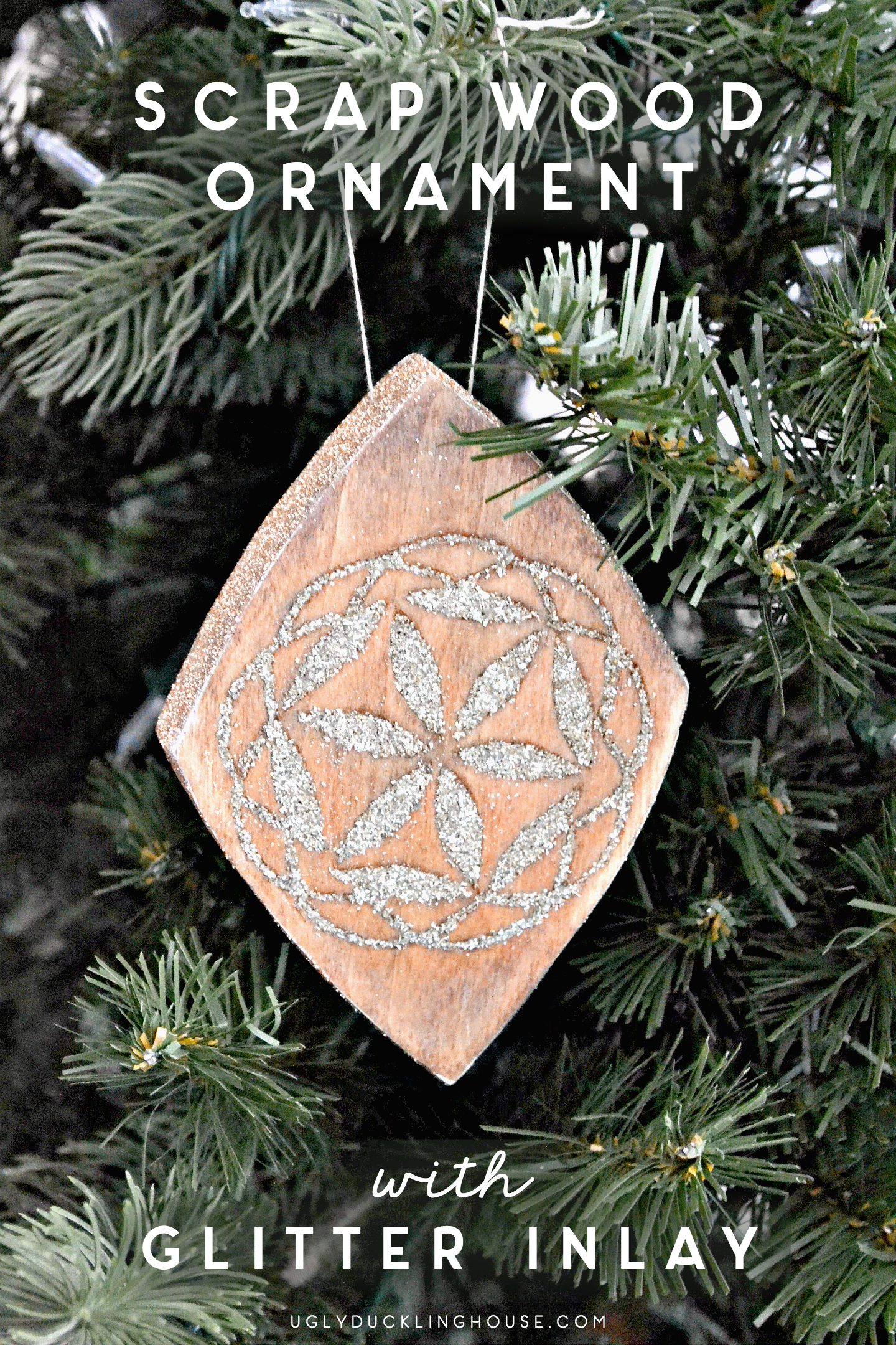 scrap wood ornament with glitter inlay