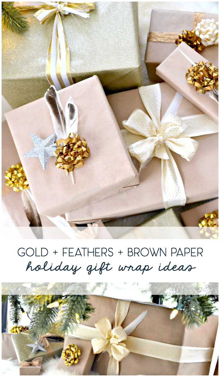 Brown Wrapping Paper with Feathers and Gold Ribbon • Ugly Duckling House