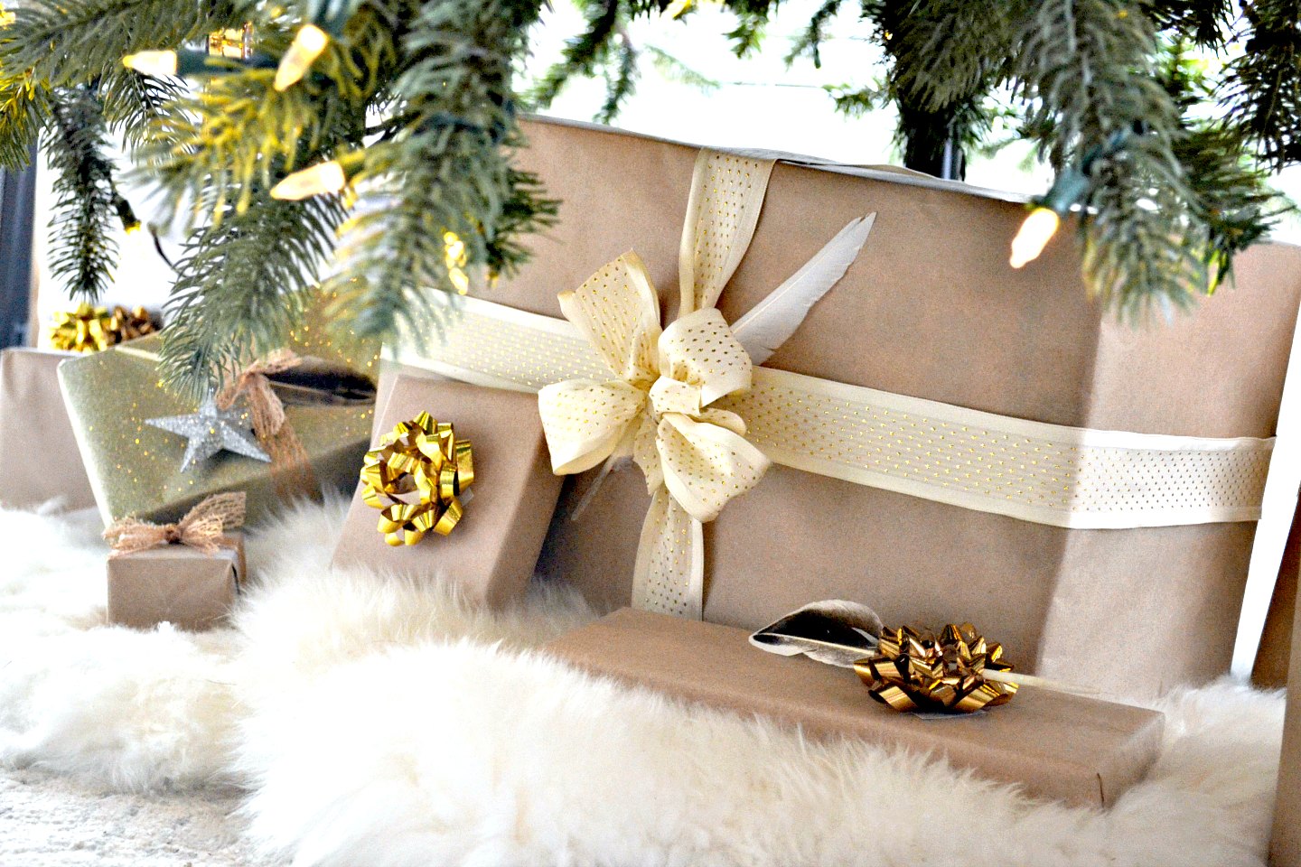 Brown Wrapping Paper with Feathers and Gold Ribbon • Ugly Duckling