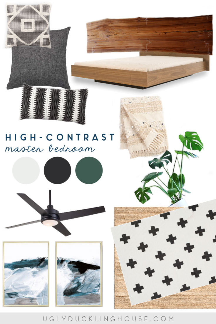 high contrast master bedroom mood board design inspiration