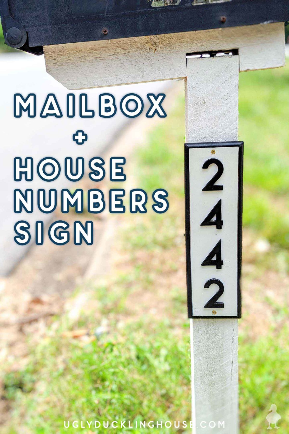 House numbers on a sign, mounted to a mailbox. The words "Mailbox + House Numbers Sign" on the left
