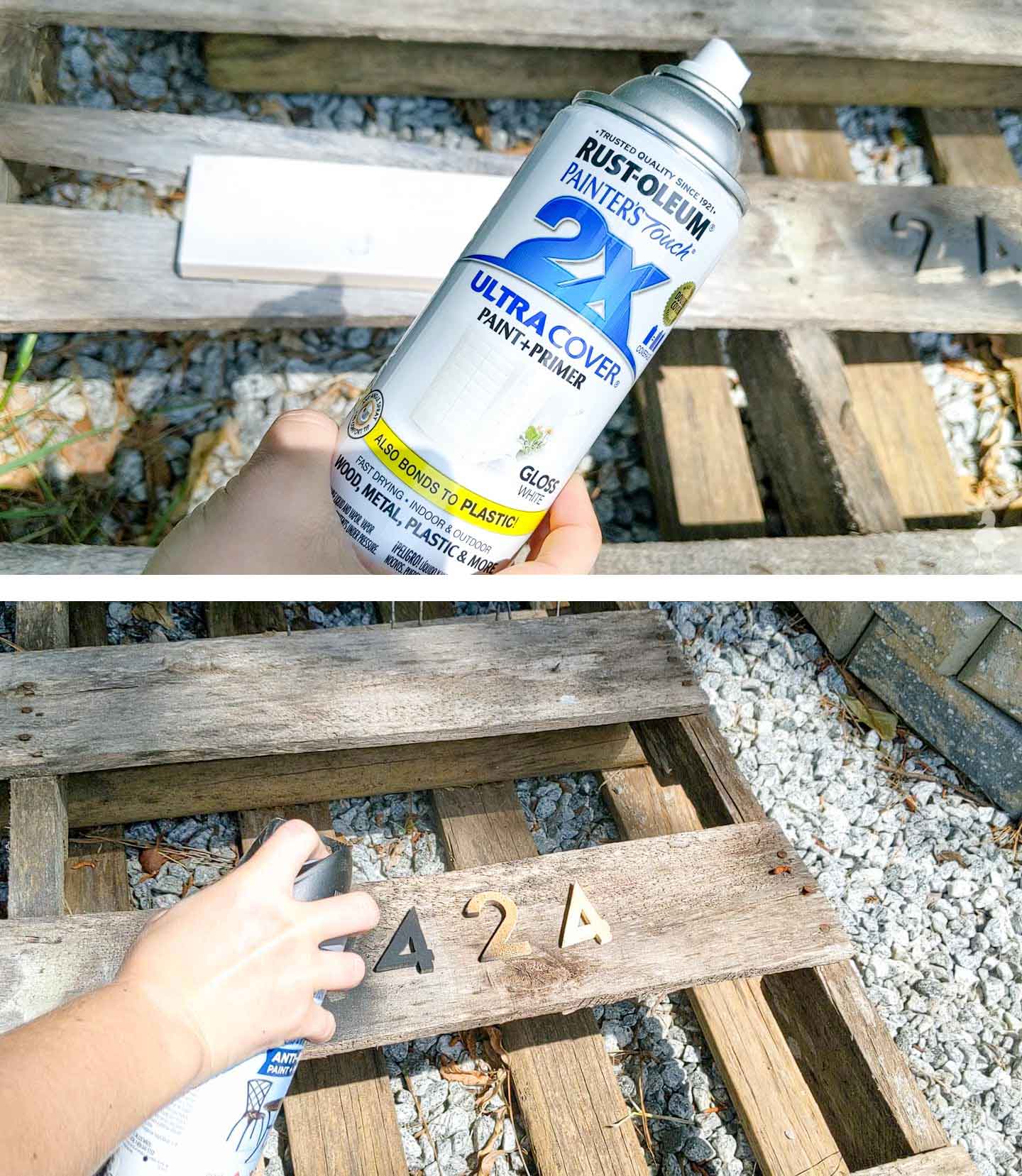 Top image showing Rust-Oleum Ultra cover paint can. Bottom image- Spray painting wooden numbers black