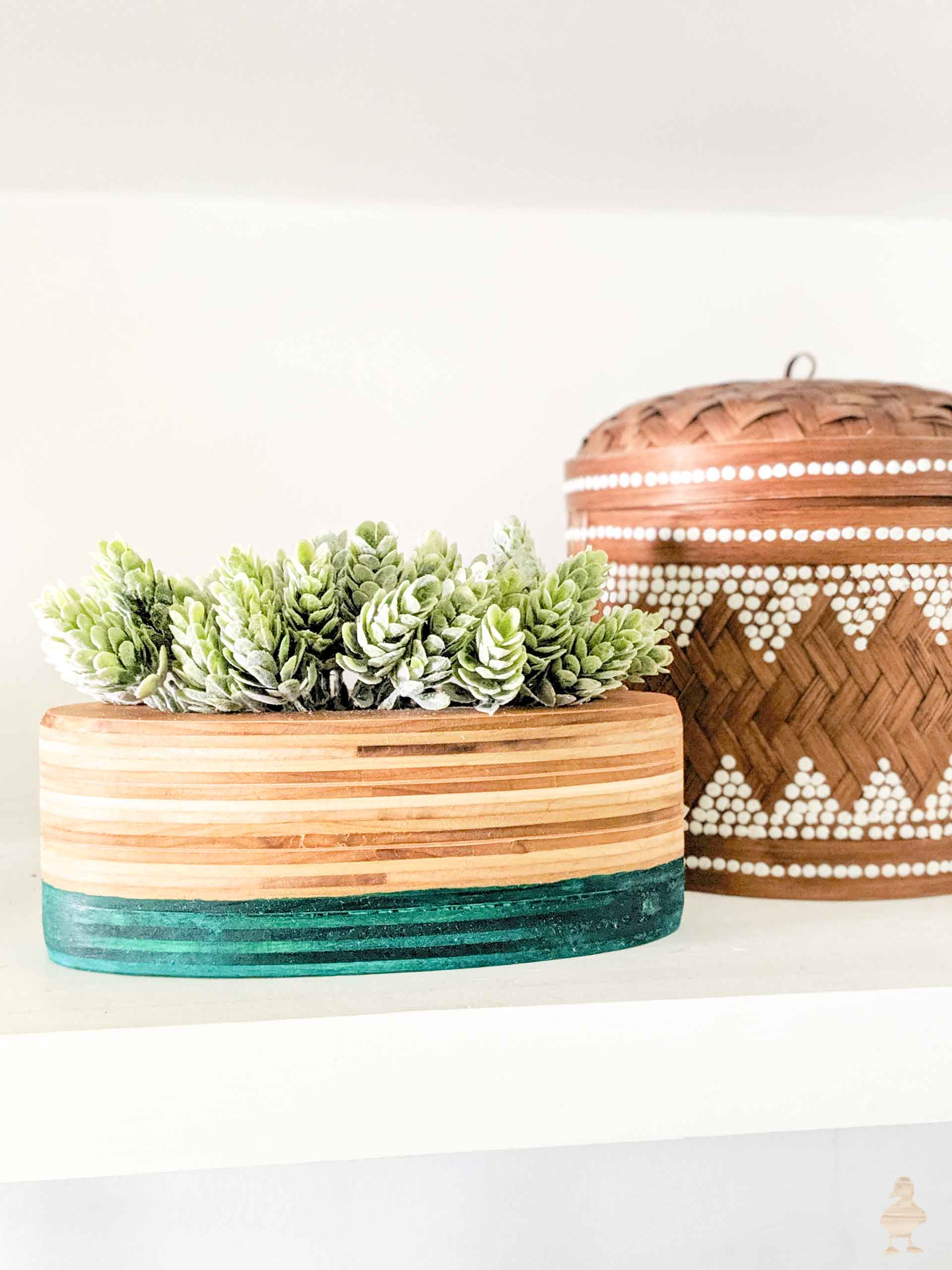 stacked plywood planter with teal dip dye