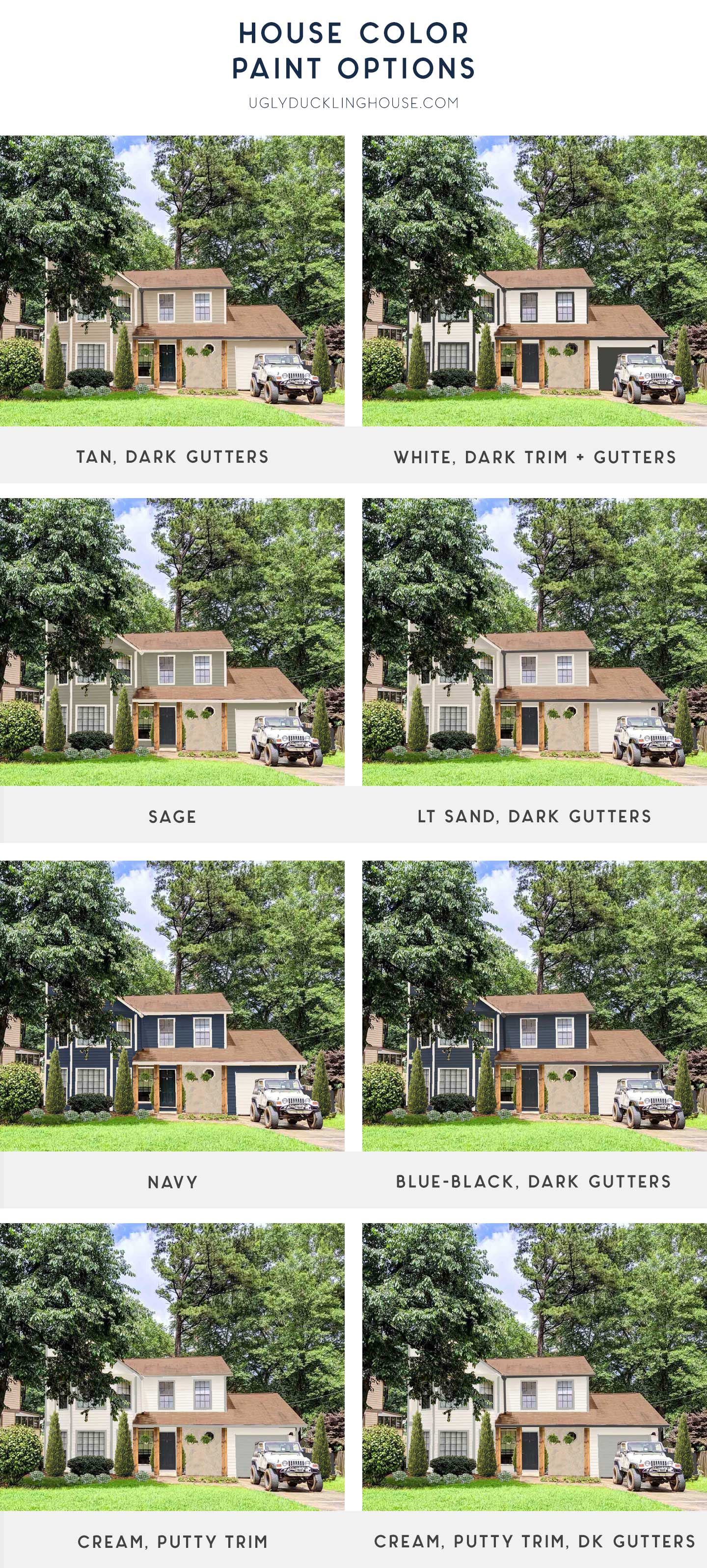 comparison of final house paint color and trim options with cedar wrapped columns and new landscaping