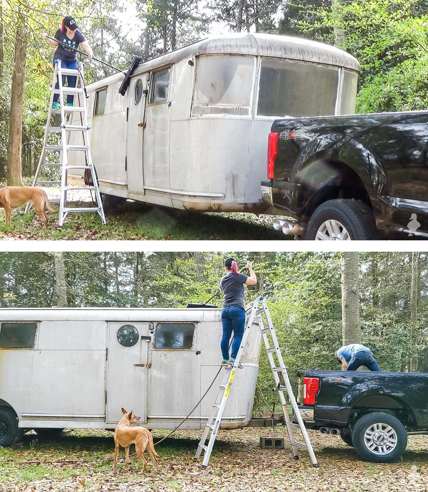 Rubys-Revival-scrubbing-the-roof-of-the-trailer
