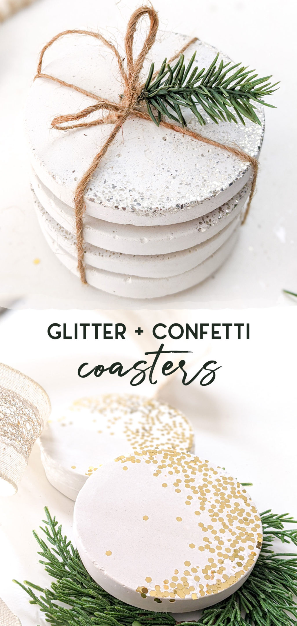 Glitter and confetti concrete coasters using white concrete and a silicone mode - 3 different beautiful options from just a few supplies! Makes an excellent hostess give or New Years Eve party decor. #hostessgift #partygift #NYE #newyears #christmas #coasters #concrete #whiteconcrete #diycoaster