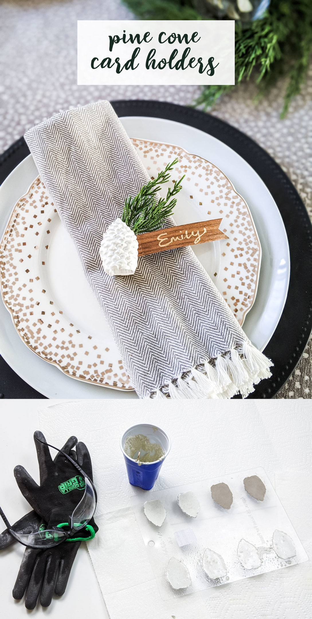 DIY pine cone place card holders with white concrete