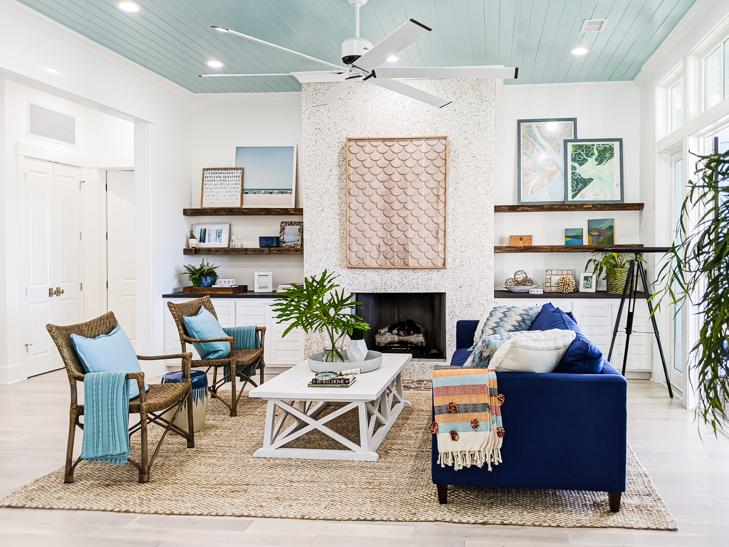 coastal living room blue accents white walls blue ceiling