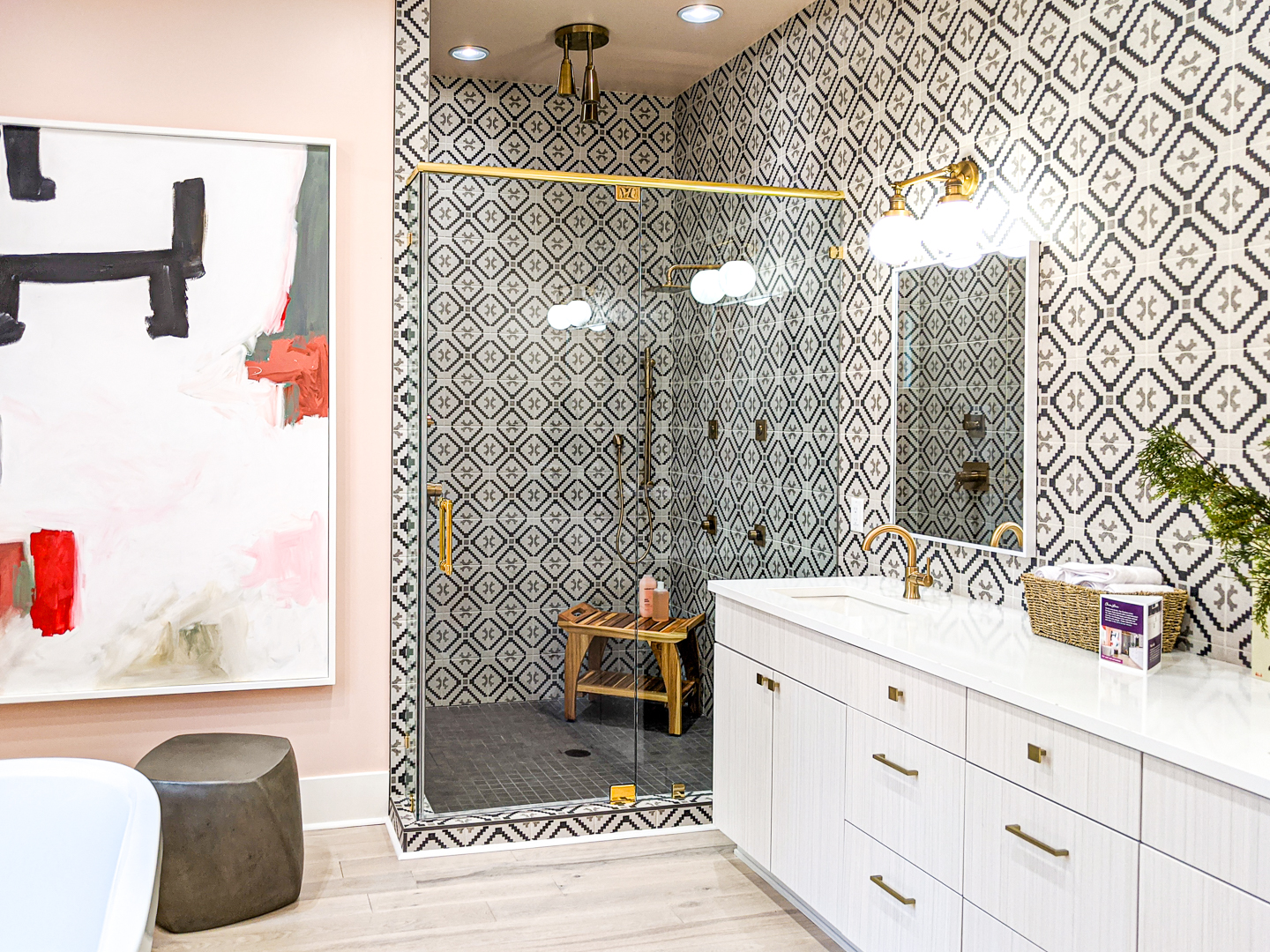 master bathroom cement tile with peach walls