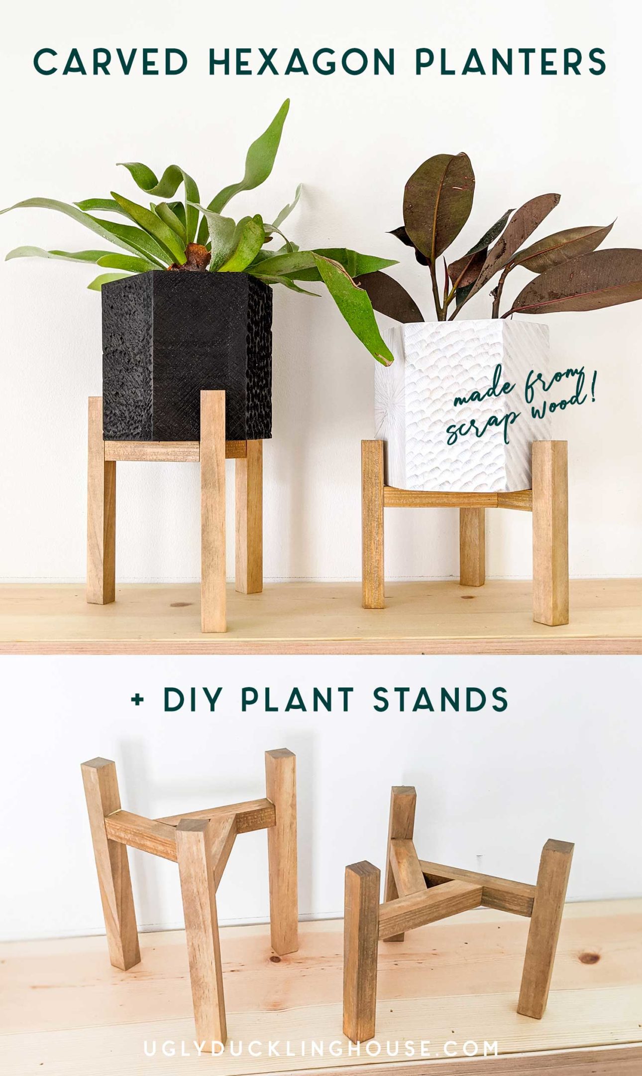 diy-carved-wood-hexagon-planters-and-triangular-plant-stands