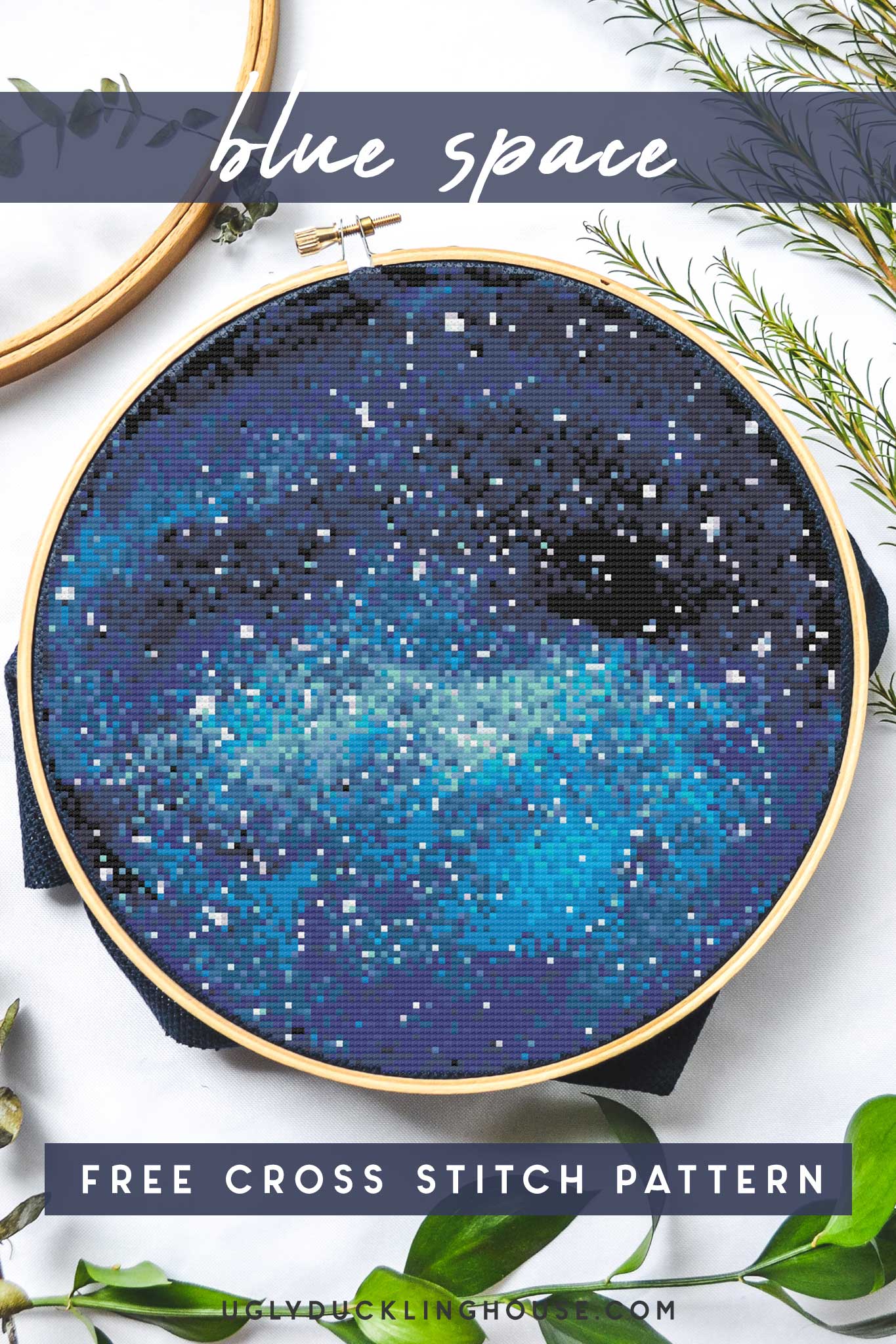 blue space galaxy cross stitch pattern on white background