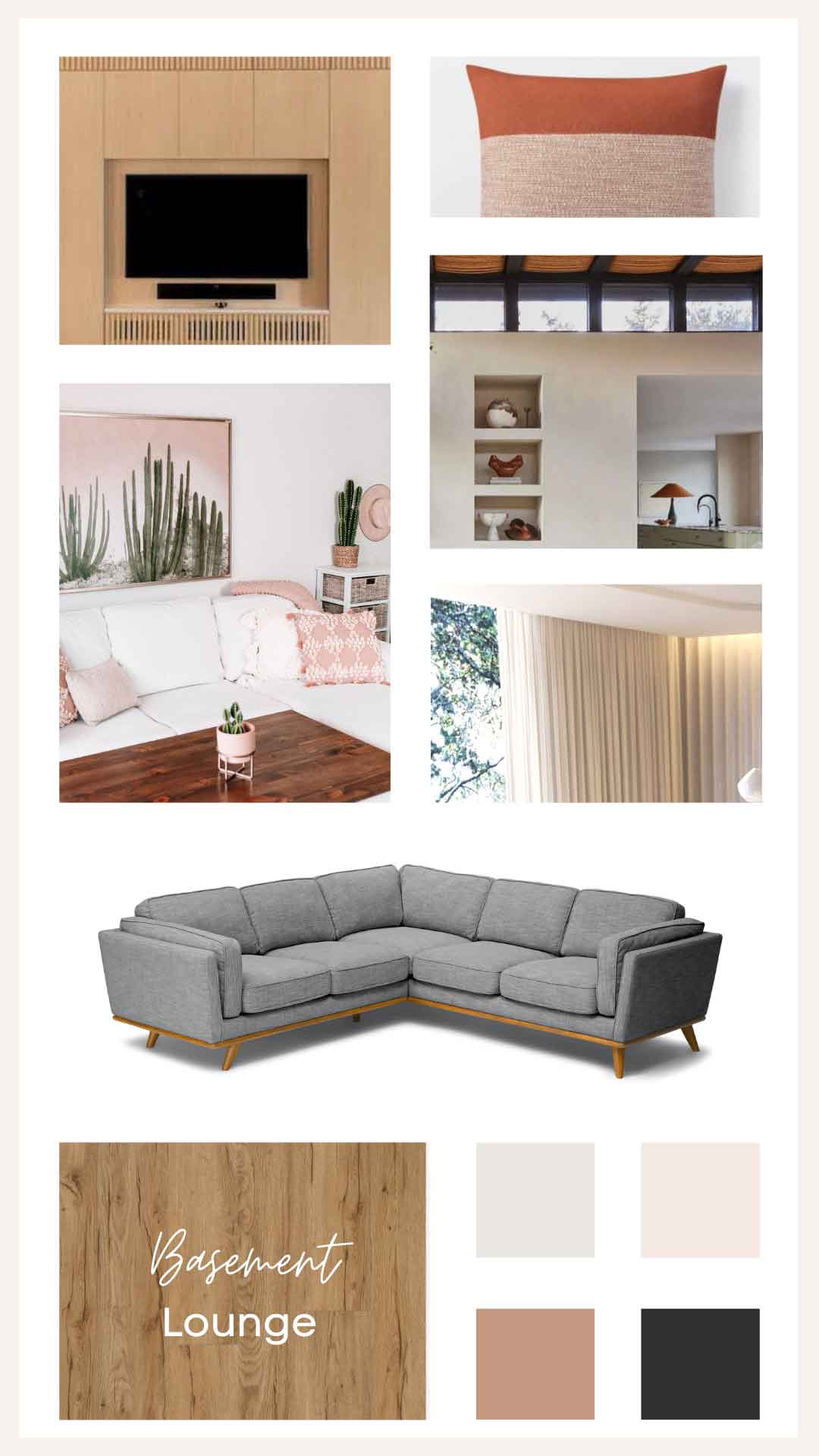 تابلوی حالت برای اتاق نشیمن آپارتمان زیرزمینی با کاناپه خاکستری، لهجه‌های چوبی با نور متوسط، رنگ دیوار کرم، و پالت رنگ صورتی گرم با الهام از صحرا